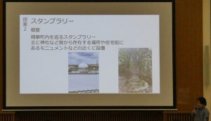 提案2スタンプラリー。概要、精華町内を巡るスタンプラリー。主に神社など昔から存在する場所や住宅街にあるモニュメントなどの近くに設置。