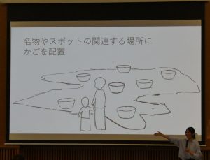 名物やスポットの関連する場所にかごを配置。